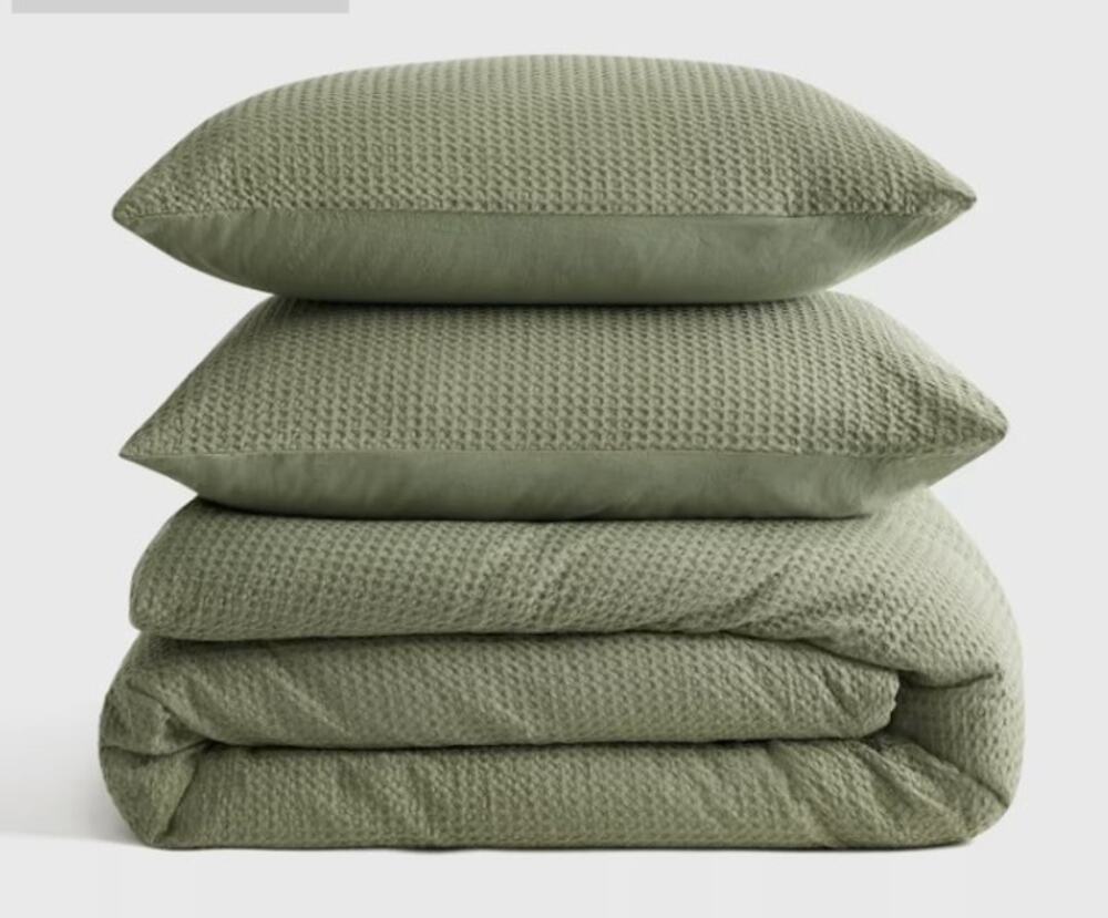 Quince QUEEN Organic Luxe Honeycomb Duvet Cover Set + Shams Olive Green NEW